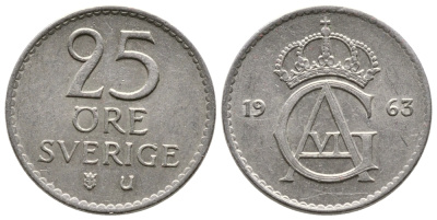Швеция 25 эре 1963 U, Густав VI Адольф (1950-1973) KM 836 медно-никель 177-1259