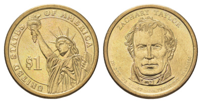 США 1 доллар 2009 D, Президент США - Закари Тейлор (1849-1850) KM 453 медь с марганцево-латунным покрытием UNC 4629-247