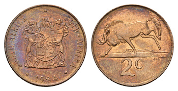 ЮАР 2 цента 1984 герб, антилопа гну KM 83 бронза UNC 4148-124