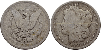 США 1 доллар 1891 O, Морган доллар, монетный двор Орлеан KM 110 серебро 1515-1744