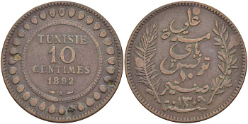 Тунис 10 сантимов 1892 AH 1309, Али III ибн аль-Хусейн KM 222 бронза 4526-213