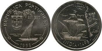 Португалия 200 эскудо 1998 INCM, Путешествие Васко да Гамы в Индию 1498 года - Индия KM 712 медно-никель aUNC 00-00