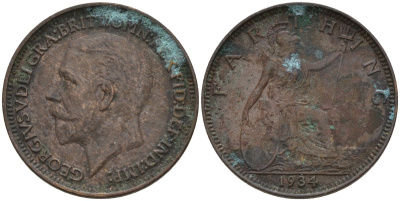 Великобритания 1 фартинг 1934 Георг V (1910-1936) KM 825, Spink 4061 бронза 4596-1019