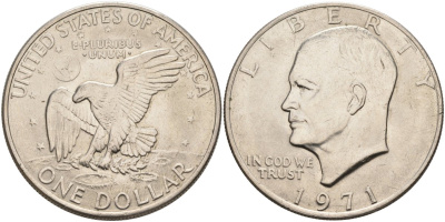 США 1 доллар 1971 Президент Эйзенхауэр, лунный орел KM 203 медь плакированная медно-никелем 35-213