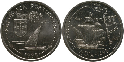 Португалия 200 эскудо 1998 INCM, Путешествие Васко да Гамы в Индию 1498 года - Индия KM 712 медно-никель aUNC 00-00
