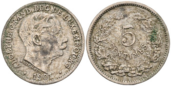 Люксембург 5 сантимов 1901 герцог Адольф (1890-1905) KM 24 медно-никель 4585-759