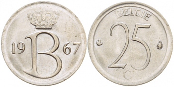 Бельгия 25 сантимов 1967 Belgie, Бодуэн I (1951-1993) KM 154.1 медно-никель UNC 3996-1259