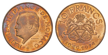 Монако 10 франков 1974 25 лет правления Князя Ренье III KM 151 медь алюминий никель UNC 1527-1114