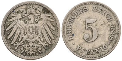 Германия 5 пфеннигов 1897 A, KM 11, J. 12 медно-никель 220-712