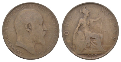 Великобритания 1 пенни 1907 Эдуард VII (1901-1910) KM 794.2, Spink 3990 бронза 4661-514