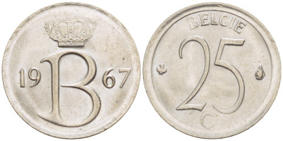 Бельгия 25 сантимов 1967 Belgie, Бодуэн I (1951-1993) KM 154.1 медно-никель UNC 3996-1259