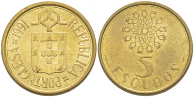 Португалия 5 эскудо 1991 KM 632 никель латунь 77-414