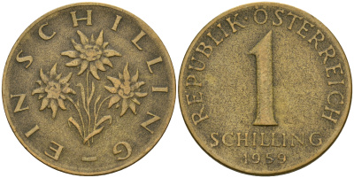Австрия 1 шиллинг 1959 KM 2886 алюминиевая бронза 25-1035