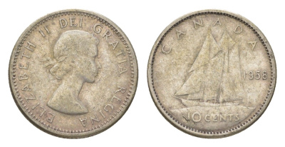 Канада 10 центов 1958 Елизавета II (1952-2022), парусник KM 51 серебро 4623-915