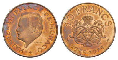 Монако 10 франков 1974 25 лет правления Князя Ренье III KM 151 медь алюминий никель UNC 1527-1114