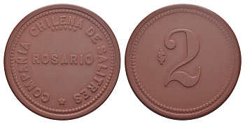 Чили, Росарио (Rosario), Тарапака шахтерский жетон с Селитряного рудника для покупки в местных магазинах, номиналом в 2 песо 1880-1920 диаметр 45 мм, вес 7,04 гр Espinosa 253.6 эбонит (красный) 01-238-41