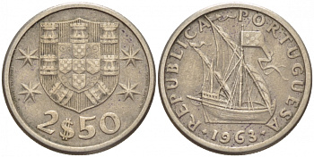 Португалия 2,5 эскудо 1963 парусник KM 590 медно-никель 4547-867