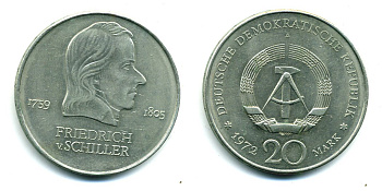 ГДР 20 марок 1972 А, Фридрих Шиллер (1759-1805) KM 40 медно-никель 37-623