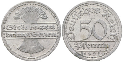 Германия 50 пфеннигов 1922 A KM 27, J. 301 алюминий 113-1054