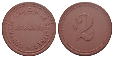 Чили, Росарио (Rosario), Тарапака шахтерский жетон с Селитряного рудника для покупки в местных магазинах, номиналом в 2 песо 1880-1920 диаметр 45 мм, вес 7,04 гр Espinosa 253.6 эбонит (красный) 01-238-41
