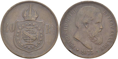 БРАЗИЛИЯ 40 РЕЙС 1873 ПЕДРО II (1831-1889) KM 479 бронза 4517-1143