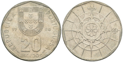 Португалия 20 эскудо 1988 KM 634 медно-никель 4148-527