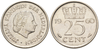 Нидерланды 25 центов 1960 Юлиана (1949-1980) KM 183 никель    4174-647