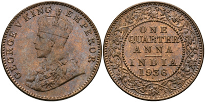Британская Индия 1/4 анна 1936 Георг V (1910-1936) KM 512 бронза UNC 94-252