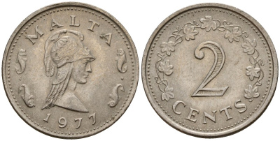 Мальта 2 цента 1977 Пентесилея, царица амазонок KM 9 медь цинк 4154-717