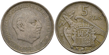 Испания 5 песет 1957 (60) Франсиско Франко (1939-1975) KM 786 медно-никель 186-442