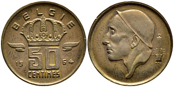 БЕЛЬГИЯ 50 САНТИМОВ 1964 BELGIE KM 149.1 бронза 4392-833