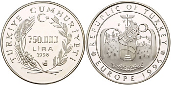 Турция 750000 лир 1996 экю, Европа 1996 KM 1046 серебро PROOF 1088-10-12