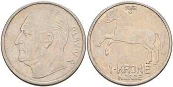 Норвегия 1 крона 1968 лошадь, Улаф V (1958-1991) KM 409 медно-никель 4571-1034