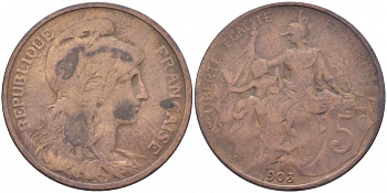 ФРАНЦИЯ 5 САНТИМОВ 1903 ТИП ДАНИЭЛЬ ДЮПЮИ KM 842, LE FRANC 119.13 бронза 4448-157