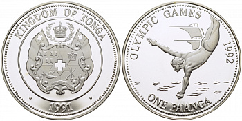 Тонга 1 паанга 1991 XXV летние Олимпийские игры в Барселоне 1992 года, прыжки с трамплина в воду KM 140 серебро PROOF 1077-8-24