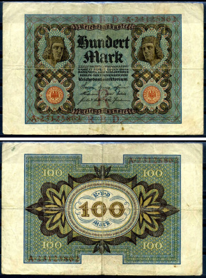 Германия 100 марок 1920 Бамбергский всадник, 8 цифр в номере, серия A, буква R Pick 69 b, Розенберг 69b бумага 8617-42-2-1