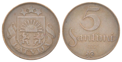 Латвия 5 сантимов 1922 KM 3 бронза 4625-542