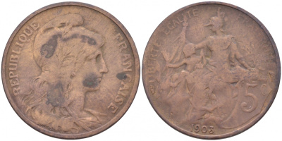 ФРАНЦИЯ 5 САНТИМОВ 1903 ТИП ДАНИЭЛЬ ДЮПЮИ KM 842, LE FRANC 119.13 бронза 4448-157