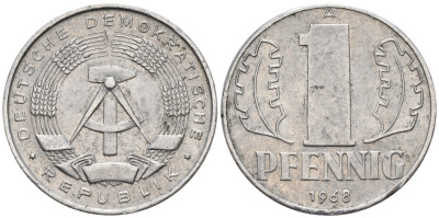 ГДР 1 ПФЕННИГ 1968 А KM 8.1 алюминий 75-166