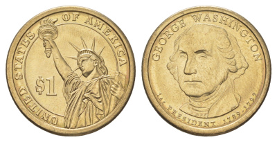США 1 доллар 2007 D, Президент США - Джордж Вашингтон (1789-1797) KM 401 медь с марганцево-латунным покрытием UNC 4629-233