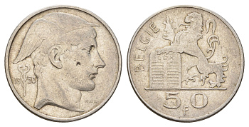 Бельгия 50 франков 1950 Леопольд III (1934-1950), Belgiqe KM 137 серебро 3855-612