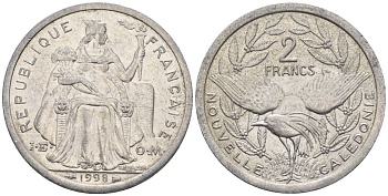 Французская Новая Каледония 2 франка 1998 птица кагу, (IEOM) KM 14, Schoen 11, Lec 68c алюминий    25-523