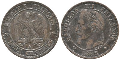 ФРАНЦИЯ 2 САНТИМА 1862 А, НАПОЛЕОН III (1852-1870) KM 796.4 бронза 100-1121
