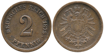 ГЕРМАНИЯ 2 ПФЕННИГА 1875 G, СТАРОГЕРБОВКА KM 2, J.2 медь 34-914