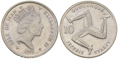 Остров Мэн 10 пенсов 1992 Елизавета II (1952-2022) KM 337 медно-никель aUNC 4619-134
