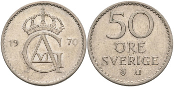 Швеция 50 эре 1970 U, Густав VI Адольф (1950-1973) KM 837 медно-никель 4538-344