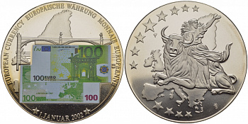 НИДЕРЛАНДЫ МЕДАЛЬ 2002 ПОХИЩЕНИЕ ЕВРОПЫ, КУПЮРА 100 ЕВРО, ЕВРОПРОБА, СЕРЕБРЕНИЕ, ЦВЕТНАЯ ЭМАЛЬ медно-никель PROOF 01-149-43