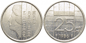 НИДЕРЛАНДЫ 25 ЦЕНТОВ 1986 БЕАТРИКС KM 204 никель 112-324
