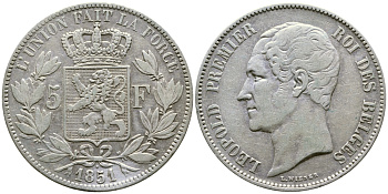 Бельгия 5 франков 1851 Леопольд I (1831-1865), точка над датой KM 17 серебро 00-1067-3-64