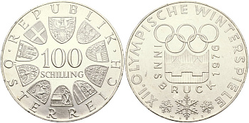 Австрия 100 шиллингов 1974 XII зимние Олимпийские игры в Инсбруке, эмблема KM 2926 серебро UNC 04-324-45